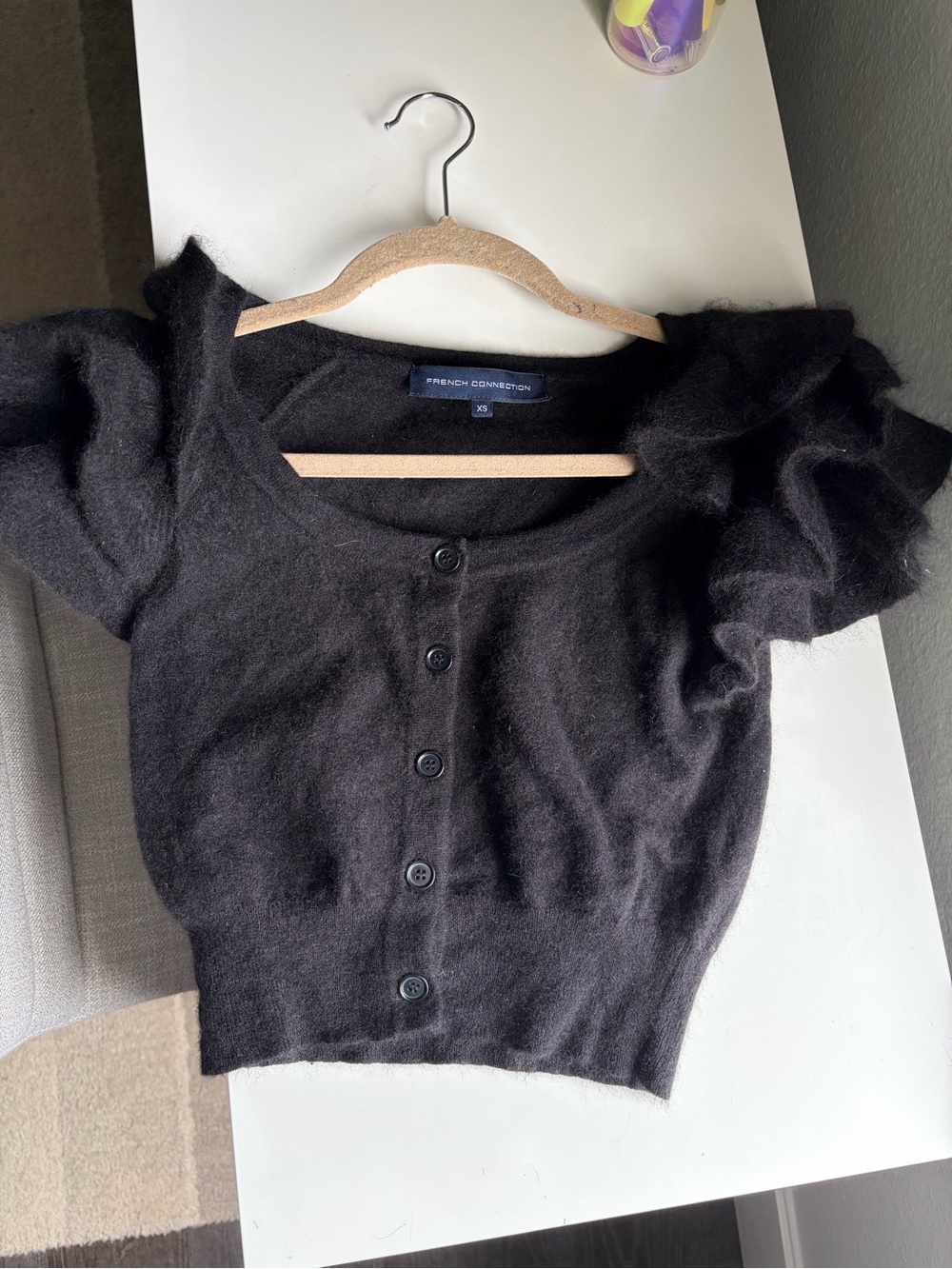 French Connection rabbit Black Fuzzy Button-Front Crop Sweater with Puff Sleeves